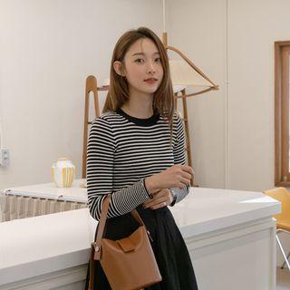 Ripped-cuff Stripe Slim Knit Top