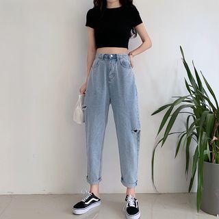 Short-sleeve Cropped Top + Harem Jeans