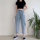 Short-sleeve Cropped Top + Harem Jeans