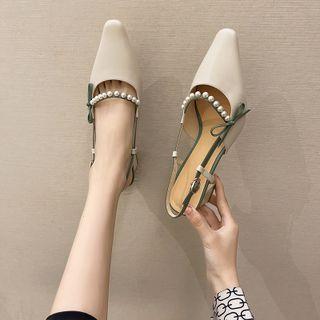 Faux Pearl Pointy-toe Slingback Chunky-heel Sandals