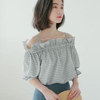 Elbow-sleeve Cold-shoulder Gingham Blouse Check - One Size