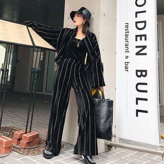 Pinstriped Zip Hooded Velvet Jacket / Wide-leg Sweatpants