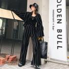 Pinstriped Zip Hooded Velvet Jacket / Wide-leg Sweatpants