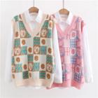 Set: Long Sleeve Shirt + V-neck Knit Vest