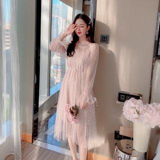 Sequined Bell-sleeve A-line Midi Mesh Dress