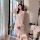 Sequined Bell-sleeve A-line Midi Mesh Dress