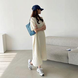 Puff-sleeve Textured Dress With Sash