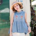 Embroidered Sleeveless Chambray Blouse