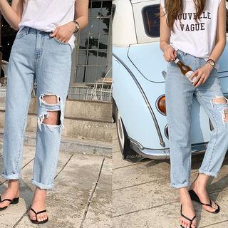 Ripped Washed Relaxed-fit Jeans