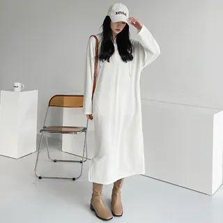 Button-trim Ribbed Long Hoodie Dress