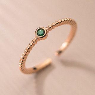 Rhinestone Sterling Silver Open Ring S925 Silver - Gold & Green - One Size
