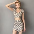 Set: Puff-sleeve Plaid T-shirt + A-line Skirt