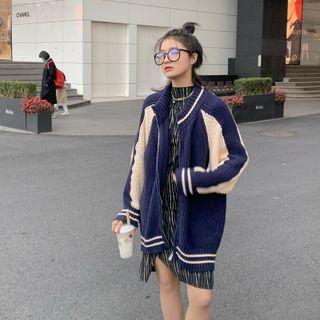 Two Tone Chunky Knit Jacket White & Navy Blue - One Size