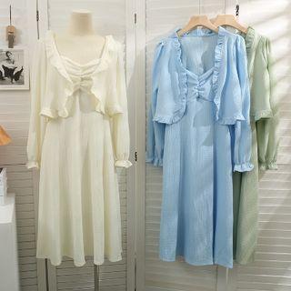 Plain Pleated A-line Dress With Ruffle Cardigan