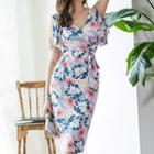 Short-sleeve Midi Floral Sheath Dress