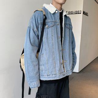 Faux Shearling-collar Buttoned Denim Jacket
