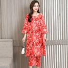 Set: 3/4-sleeve Patterned Midi Dress + Cropped Pants
