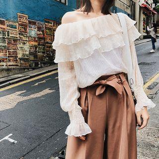 Ruffled Off-shoulder Long-sleeve Blouse