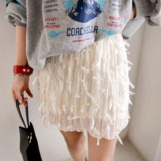 Band-waist Fringed Mini Skirt