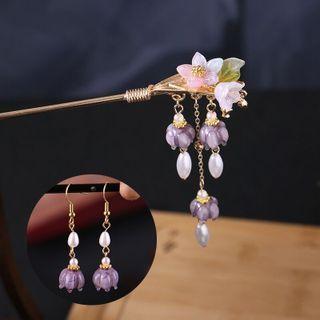 Set: Faux Pearl Alloy Hair Stick + Earring Set - Hair Stick & Earrings - Gold & White - One Size