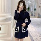 Long-sleeve Knit Top Dark Blue - One Size
