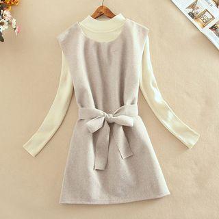 Set: Mock-neck Long-sleeve Knit Top + Tie Waist Knit Vest