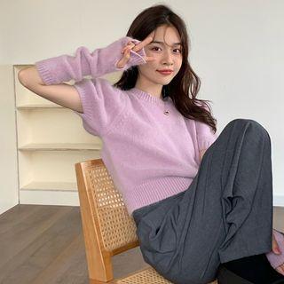 Short Sleeve Plain Fleece Sweater With Arm Sleeves Pink - One Size