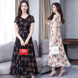 Short-sleeve Floral-print Midi A-line Dress