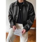 Collared Zip-up Pleather Jacket Black - One Size