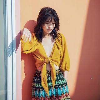 Lace-up Cropped 3/4-sleeve Top
