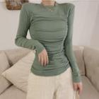 Long-sleeve Rucheded Front Plain Top
