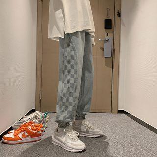 Cropped Checkered Denim Sweatpants