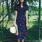 Cherry Print Short-sleeve Midi Dress