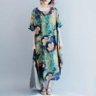 Elbow-sleeve Floral Print Midi Linen Dress