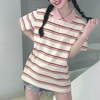 Short-sleeve Striped Polo Shirt Stripe - Pink & White - One Size