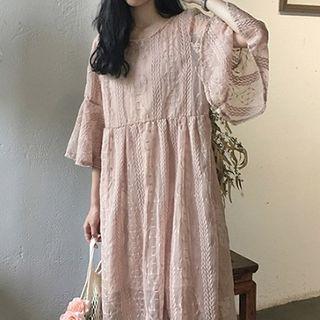 Set: Embroidered Bell-sleeve A-line Midi Dress + Strappy Dress