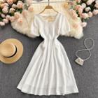 Square-neck Short-sleeve Faux Pearl Dress