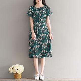 Off Shoulder Ruffle Short Sleeve Floral Chiffon Midi Dress