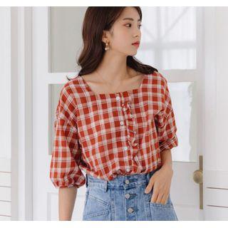 Plaid Square-neck Elbow-sleeve Blouse