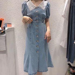 Lace Collar Short-sleeve Button Denim Midi A-line Dress