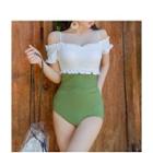Two-tone Ruffled Cold-shoulder Swimsuit