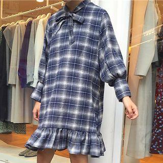 Bow Accent Plaid Long Sleeve Dress