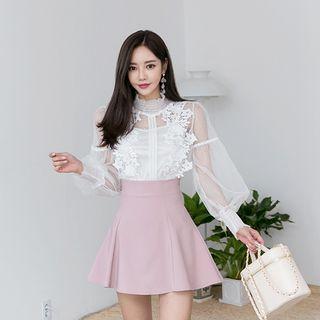 Balloon-sleeve Crochet-trim Mesh Top