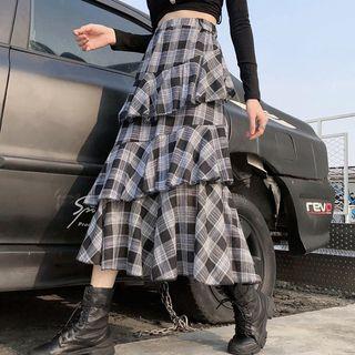 Plaid High-waist Midi Tiered Skirt