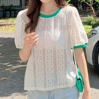 Short-sleeve Knit Top Green & White - One Size