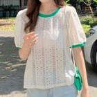 Short-sleeve Knit Top Green & White - One Size