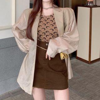Plain Blazer / Chain Strap Belt Bag / Mini Pencil Skirt
