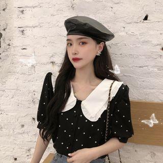 Short-sleeve Contrast Collar Dotted Blouse