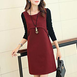 Long-sleeve Knit Panel A-line Dress