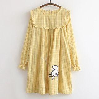 Long-sleeve Frilled Trim Plaid Dress
